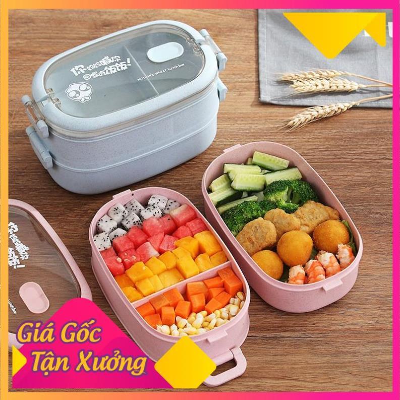 Hộp Đựng Cơm Lúa Mạch 2 Tầng + Tặng Kèm Đũa Muỗng Nĩa TP'S