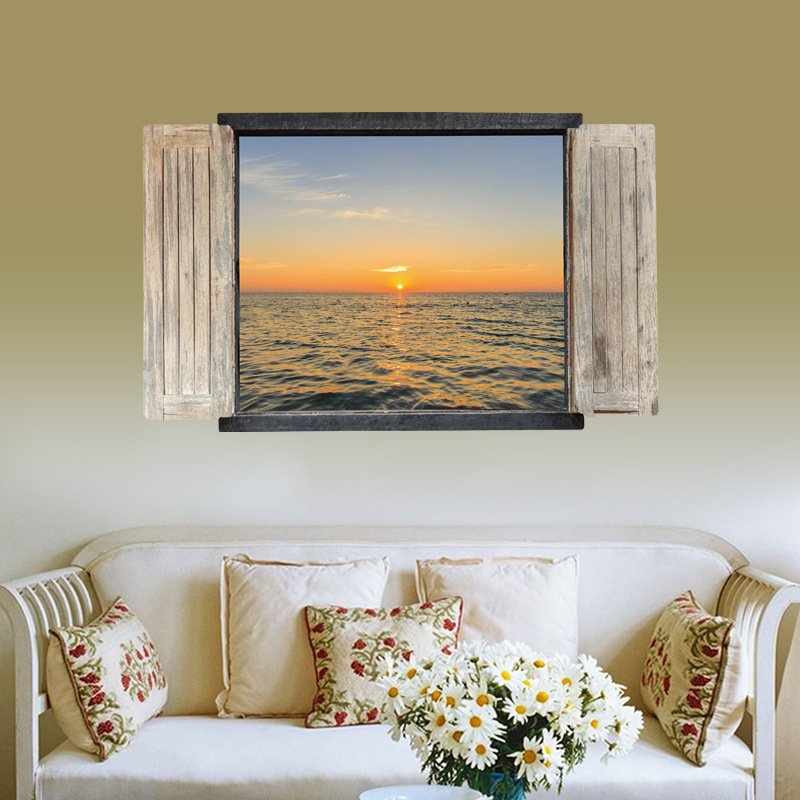 Decal dán tường 3d cửa sổ bình minh trên biển lớn