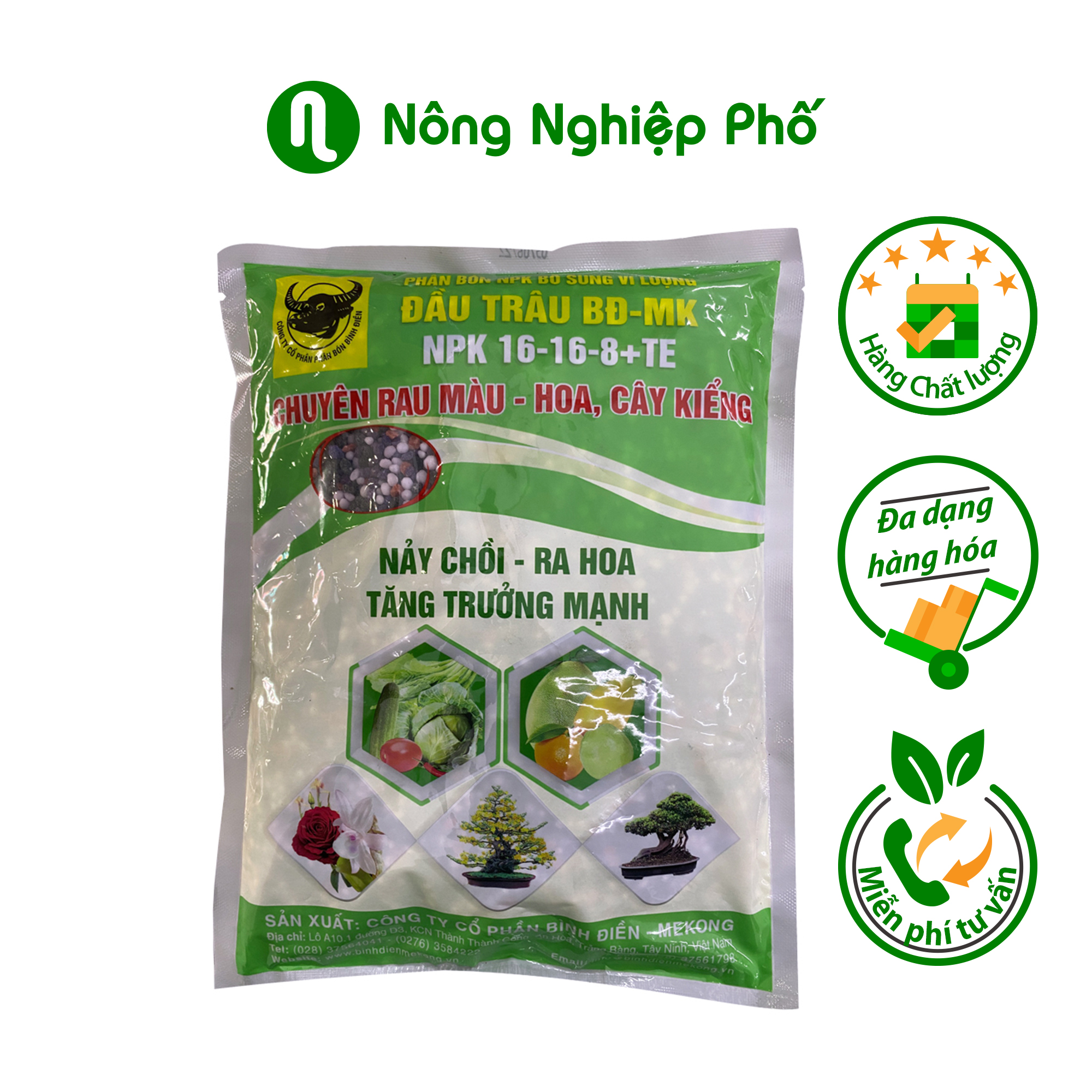 Phân bón đầu trâu NPK 16-16-8 + TE chuyên cho rau màu, hoa cây kiểng - Gói 1kg