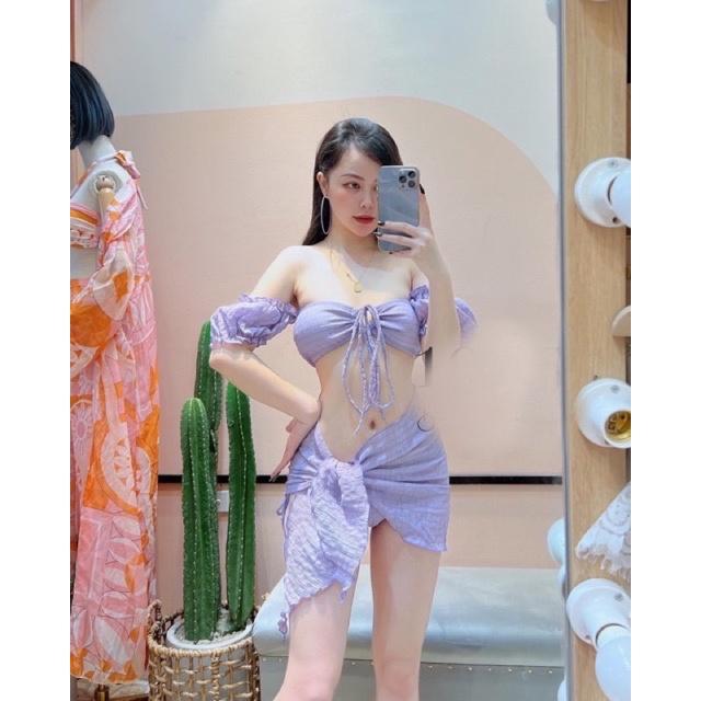 Bikini,đồ bơi set 3 món tay trễ vai phối khoen áo,hàng sẵn nhiều màu,ảnh thật chụp sàn