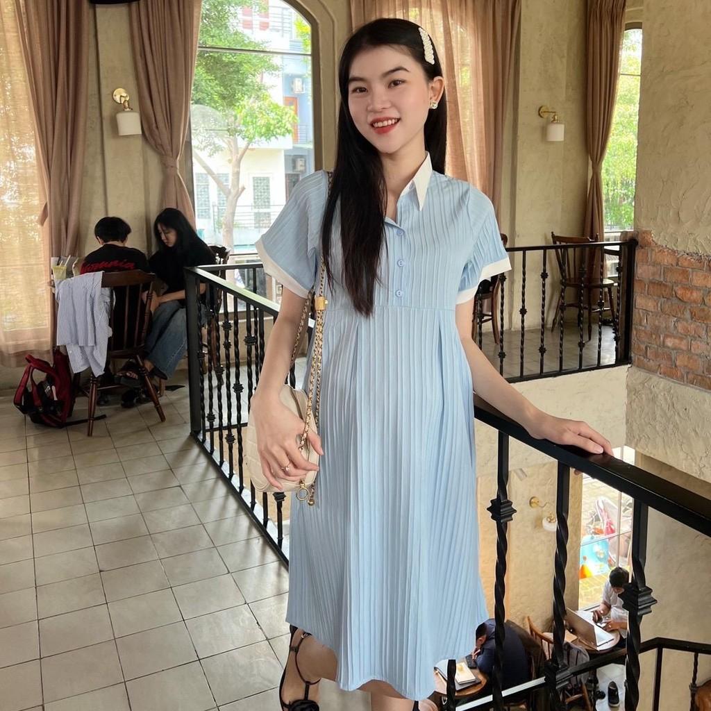 Đầm bầu babydoll đũi gân cổ sơ mi thanh lịch, phối màu bầu diện dễ thương - Đen