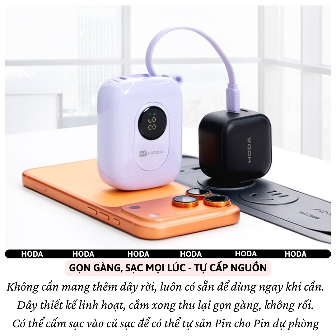 Pin sạc dự phòng sạc nhanh PD 22.5W 10.000mAh SafeCharge Multi-Protect Hoda Sạc 3 Thiết Bị, Tích Hợp Cáp Type-C &amp; L(iP) Sạc 3 Thiết Bị, 8 lớp bảo vệ an toàn – sạc mát, không hại pin - Hàng nhập khẩu