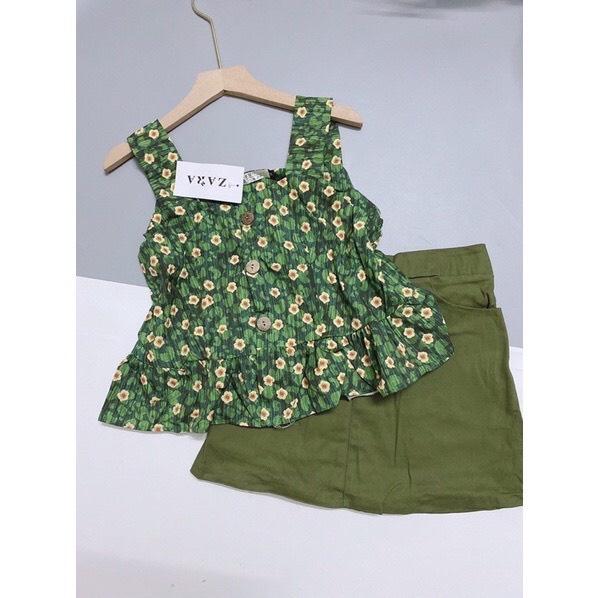 Set Chân Váy Chữ A Kèm Áo 2 Dây Hoa Nhí Xanh