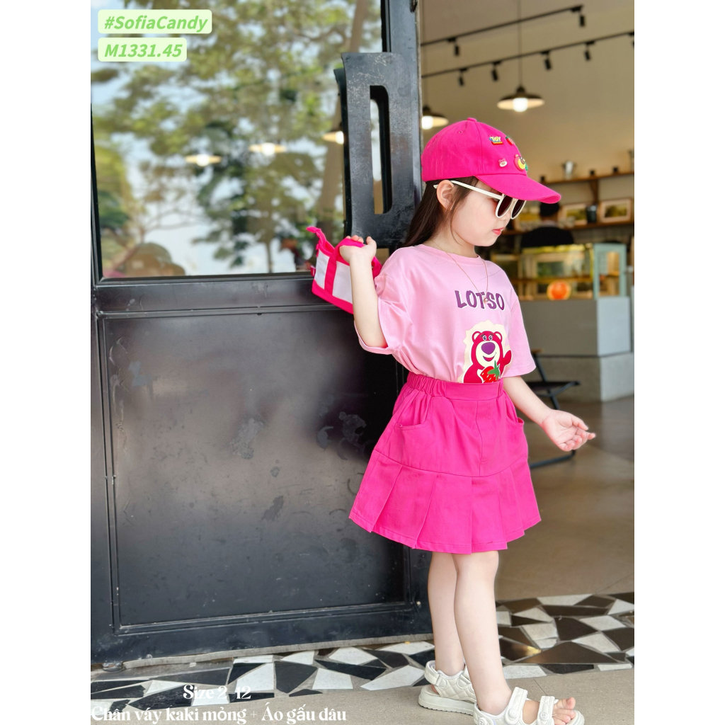 Set đồ đi chơi cực chất cho bé gái hình GẤU DÂU LOTSO size 12-40kg hàng thiết kế cao cấp