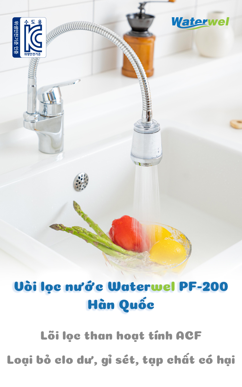 Vòi lọc nước Waterwel PF-200 Hàn Quốc dùng cho bồn rửa chén, bồn rửa mặt - Loại bỏ tạp chất, vi khuẩn, clo dư, rỉ sét - Đã bao gồm 3 lõi lọc - Tăng áp lực nước - Hàng nhập khẩu