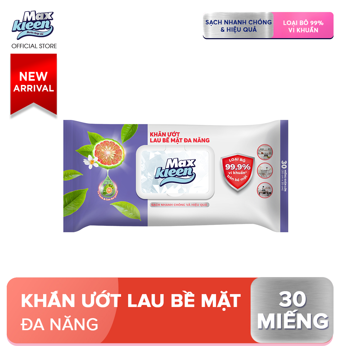 Combo Lau Bề Mặt MaxKleen Đa Năng: 1 chai xịt 520ml + 1 khăn ướt 30 miếng