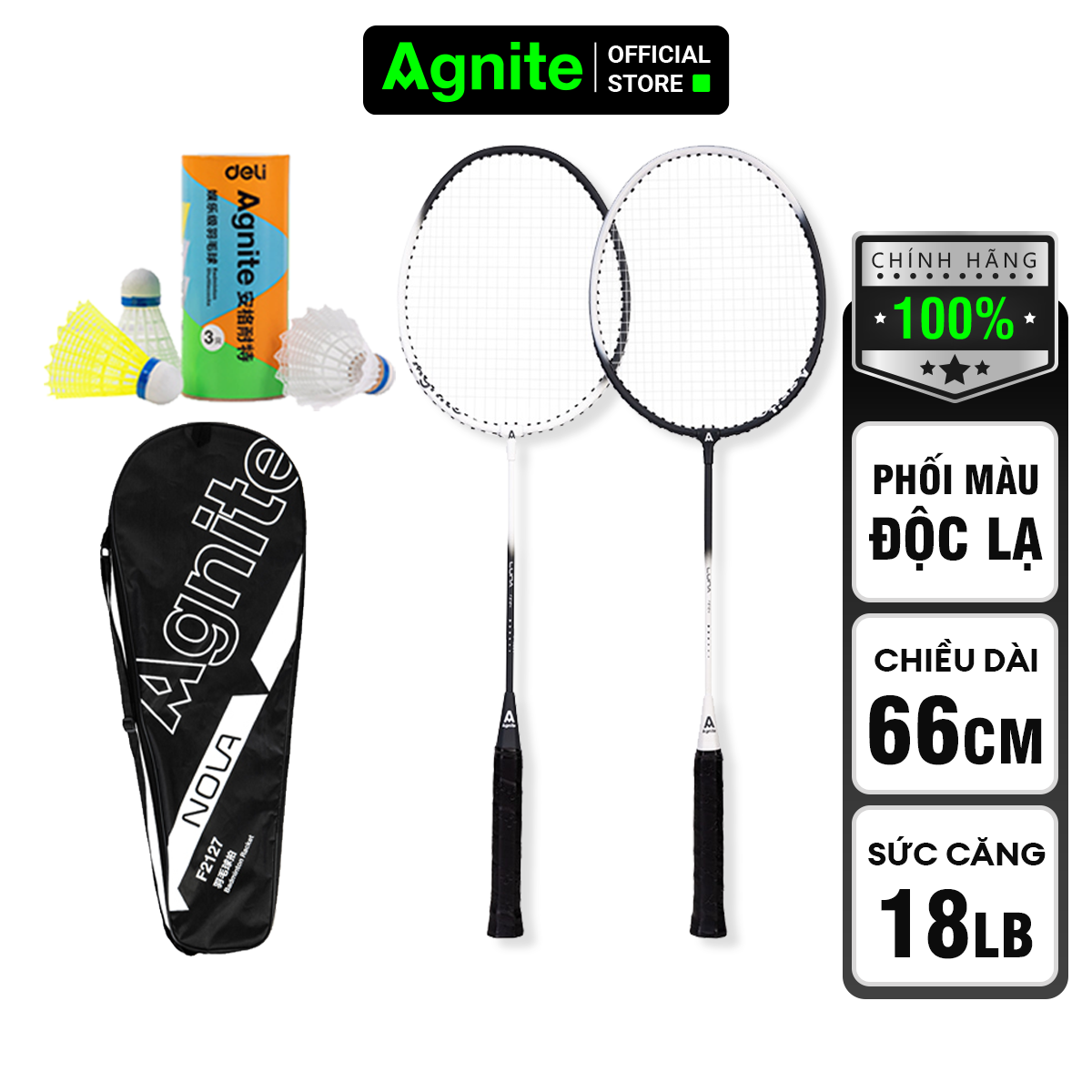 Bộ 2 vợt cầu lông thế hệ mới Agnite, siêu bền, nhẹ TẶNG kèm hộp cầu và túi đựng - F2124