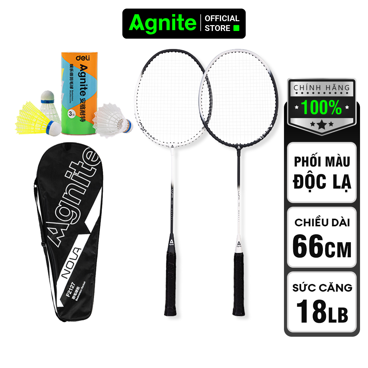 [Thiết kế mới] Bộ 2 vợt cầu lông thế hệ mới Agnite, siêu bền, nhẹ TẶNG kèm hộp cầu và túi đựng - F2124