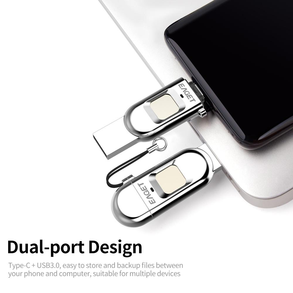 EAGET FU68 128GB USB Flash Drive Type-C USB3.0 Dual-port Metal Fingerprint Encryption U Disk for Smart Phone PC Laptop
