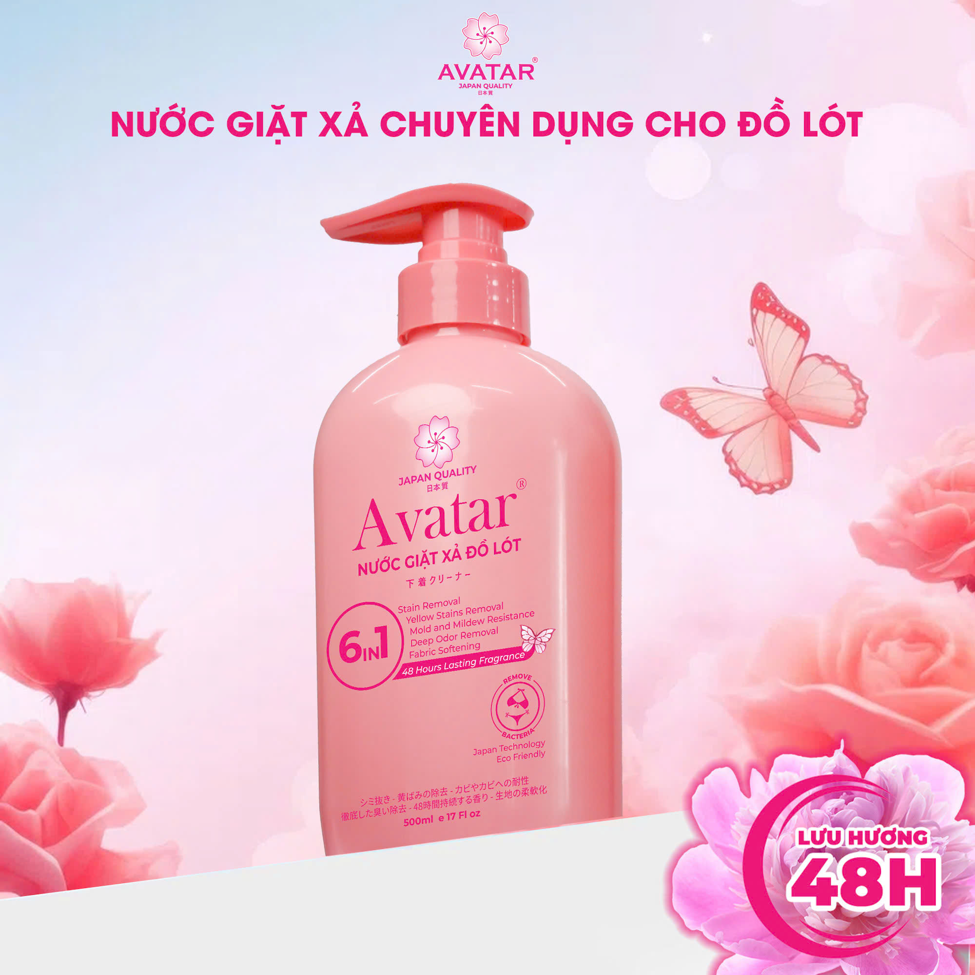 Nước giặt đồ lót AVATAR lưu hương 48 hours 6 in1 (Chai 500ML) - Hương Anh Đào Ngọt Ngào