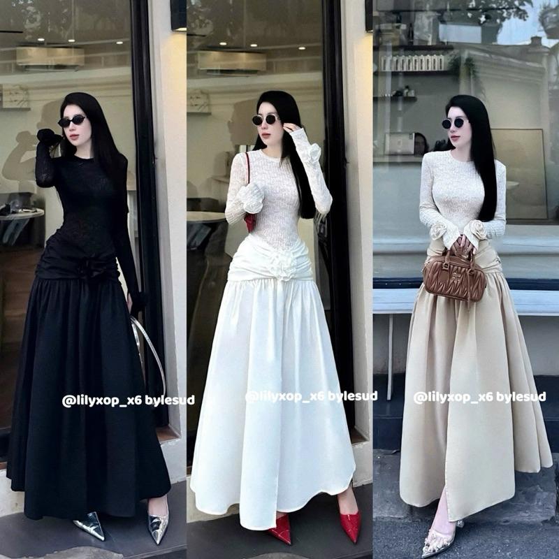 Váy maxi dài tay ren pha chân thô eo xếp hoa cuốn LLX BY JOLIE - Be