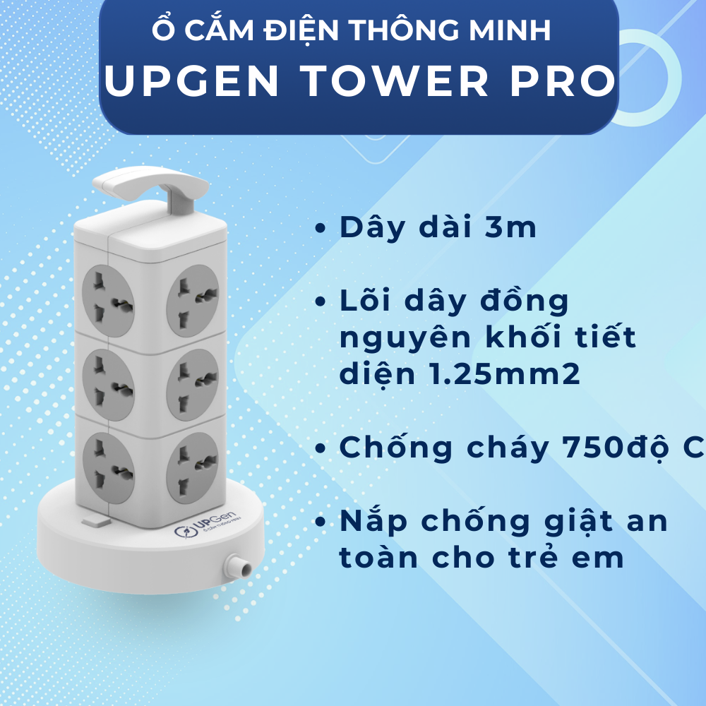 Ổ Cắm Điện Đa Năng UPGEN TOWER PRO Dạng Tháp Nhiều Tầng Chịu Tải Lớn, 3 cổng USB Sạc Nhanh, An Toàn, Chống Giật, Chống Cháy, Dây Dài 3m