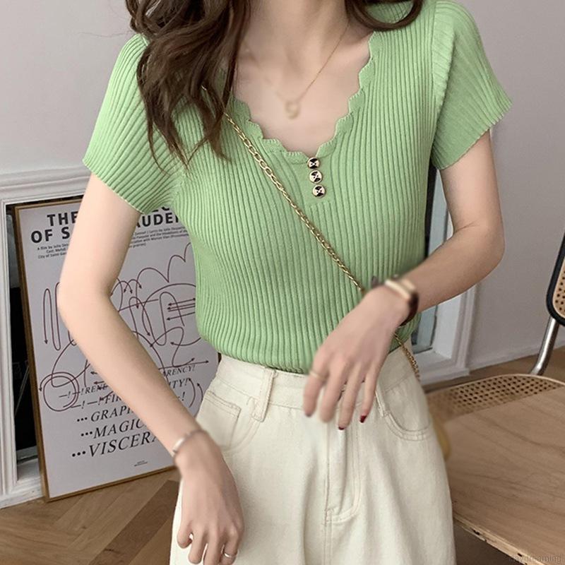 Áo Thun Dệt Kim Tay Ngắn Màu Trơn Thiết Kế Cổ Chữ V Thanh Lịch