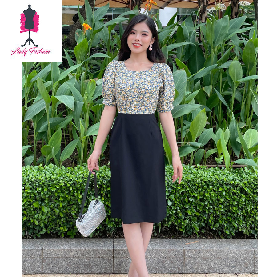 Đầm suôn chữ A phối hoa-MS027