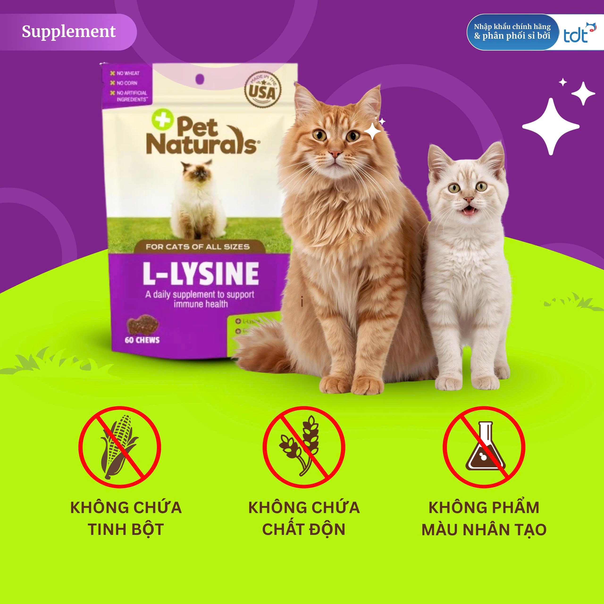 PET NATRALS VIÊN NHAI BỔ SUNG LYSINE CHO MÈO - L-LYSINE HỖ TRỢ SỨC KHỎE & CHỨC NĂNG MIỄN DỊCH túi 60 viên