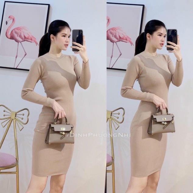 Váy body dài tay cổ tròn chất cotton tăm điệu đà
