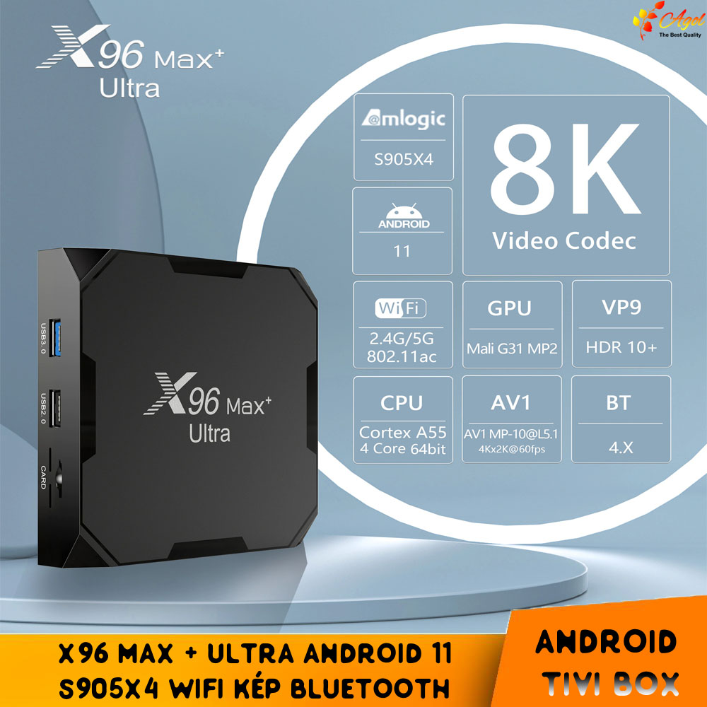 Tivi Box X96 Max plus ultra Android 11 điều khiển giọng nói tiếng việt kiêm bàn phím đèn nền Ram 4G Có Bluetooth S905X4 Wifi Kép Cài Sẵn Ứng Dụng Xem Phim Hd Và Truyền Hình Cáp miễn phí vĩnh viễn