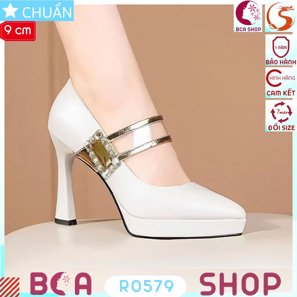 Giày nữ cao gót 9p RO579 ROSATA tại BCASHOP mũi nhọn kết hợp quai ngang trong suốt sang trọng, khóa gai dính tiện lợi