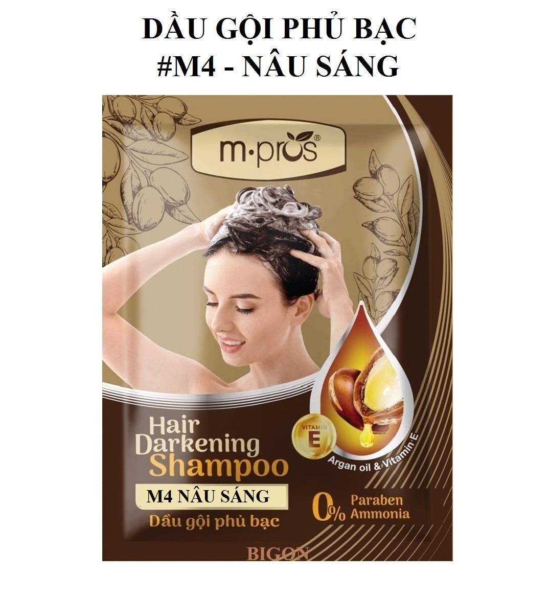 [Nâu Sáng] Dầu Gội Nhuộm Tóc Nâu Sáng Phủ Bạc 100% Thảo Dược Siêu Dưỡng M.PROS 25ml - M4