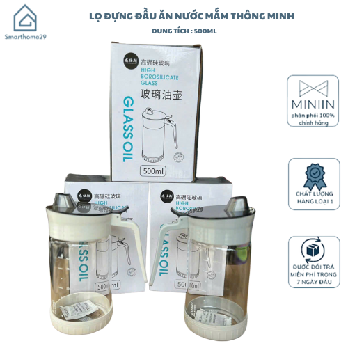 Bình Thủy Tinh Rót Dầu Ăn/Nước Mắm Có Vòi &amp; Phễu Tích Hợp – Dung Tích 500ml – Chai Đựng Gia Vị Thông Minh, Chịu Nhiệt, Có Vạch Chia- HÀNG CHÍNH HÃNG MINIIN