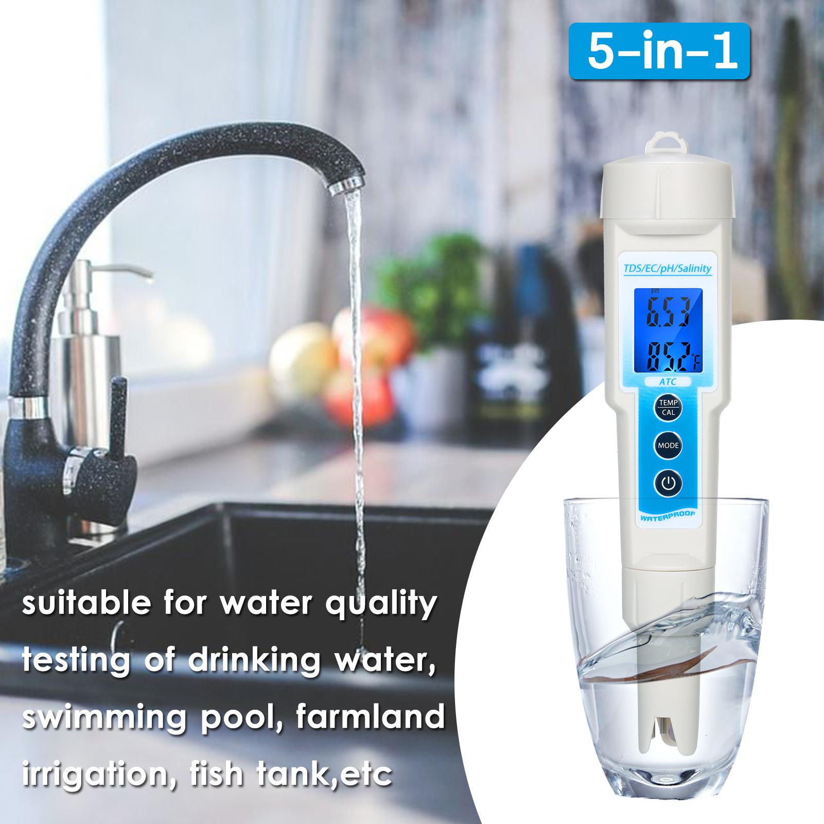 5-in-1 pH Meter Waterproof Multifunctional TDS/EC/pH/Salinity/Temperature Meter Water Quality Tester Blue Backlight LCD