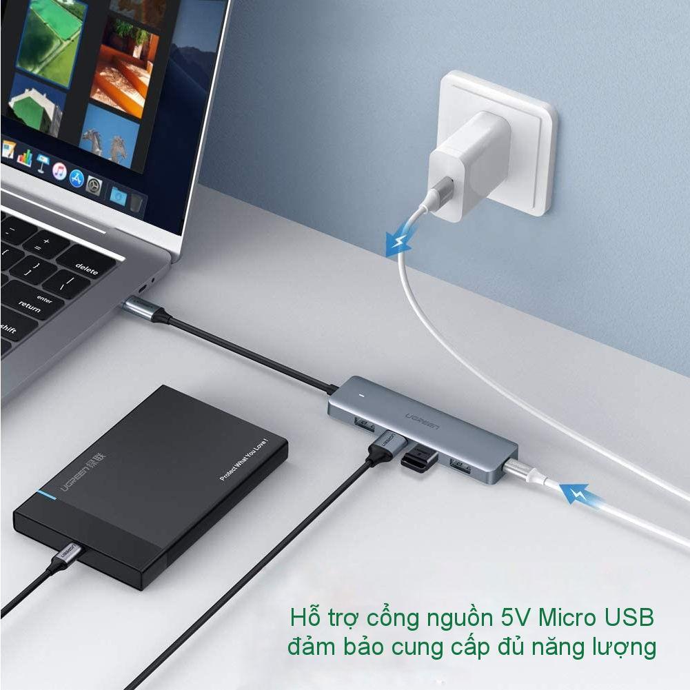 Hub USB type C, USB 3.0 sang 4 cổng USB 3.0 hỗ trợ cổng nguồn Micro USB 5V UGREEN CM219 CM136 - Hàng chính hãng