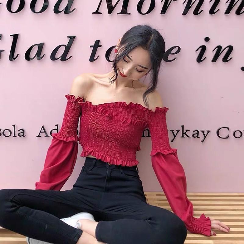 Áo trễ vai đắp xéo nữ sẽy màu đỏ đô