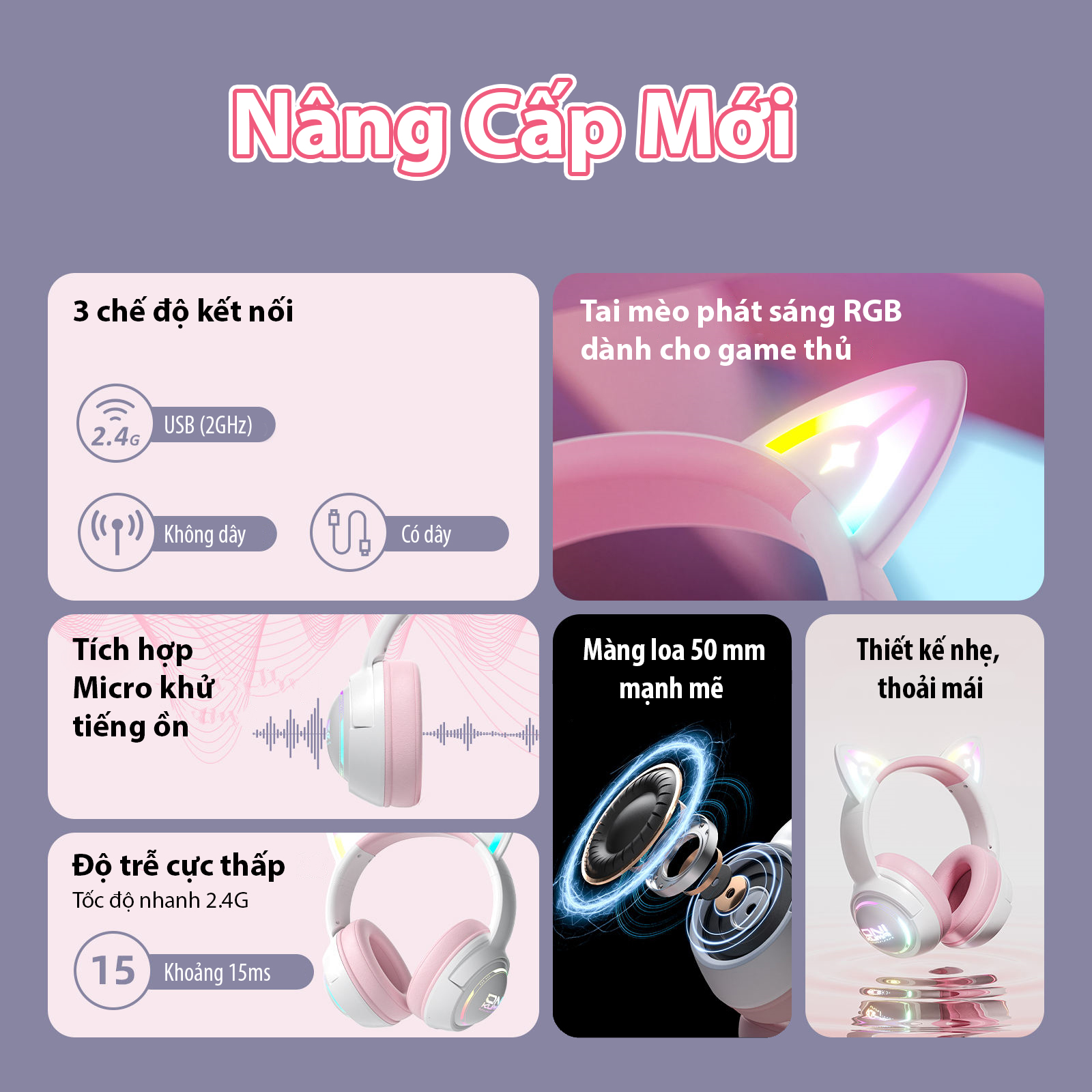 TAI NGHE ONIKUMA GT838 (2.4G+Bluetooth+Wired) Tri-Mode White Pink - Hàng Chính Hãng