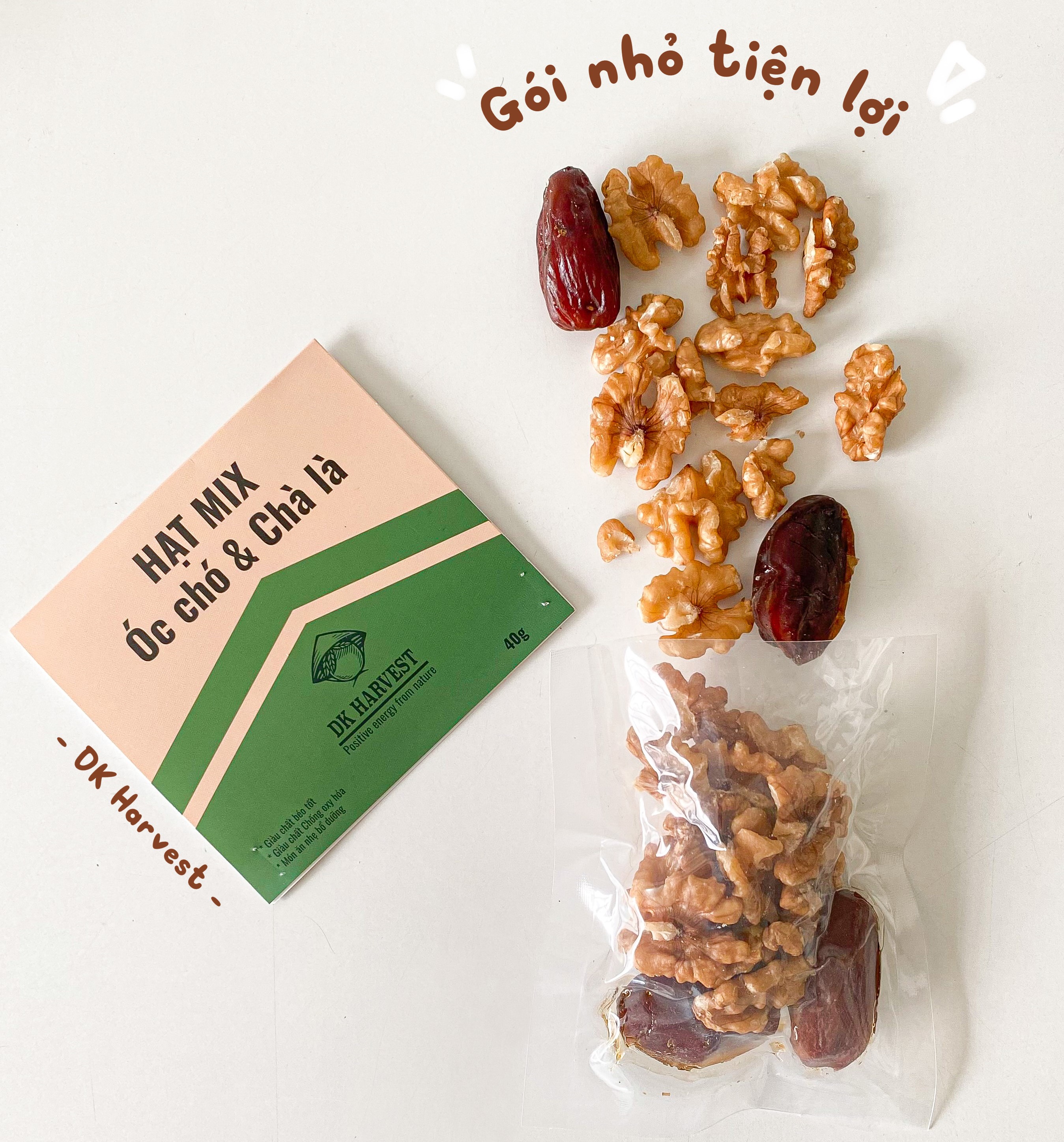 Healthy Trail Mix - Gói Hạt Tiện Dụng DK HARVEST - óc chó 20g, chà là 20g