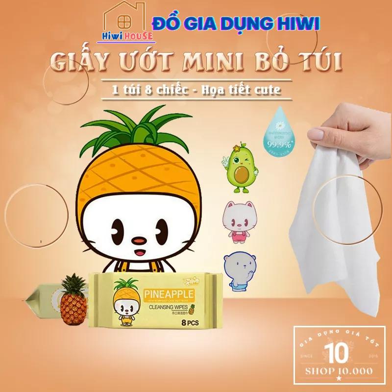 Bịch 8 Gói Khăn Ướt, Giấy Ướt Mini Bỏ Túi Hoạt Hình Dễ Thương Tiện Lợi Nội Địa Trung