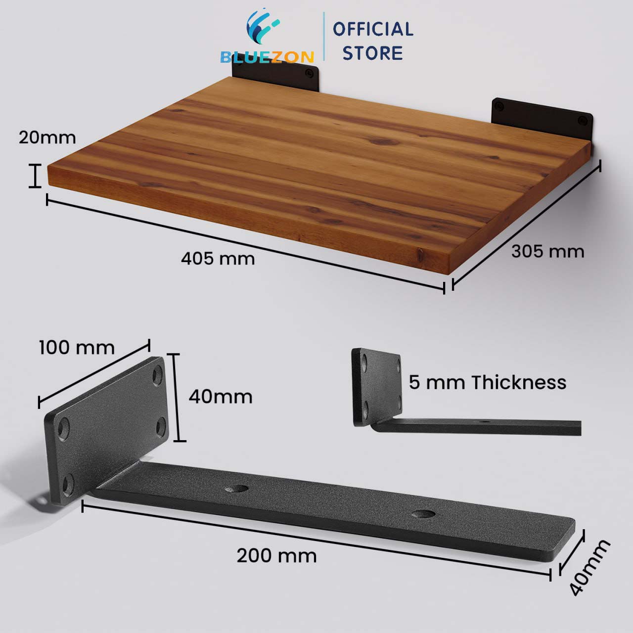Combo 2 kệ gỗ treo tường BLUEZON dài 40.5cm, rộng 30.5cm, kèm giá đỡ kệ dấu chân chữ T, đinh vít