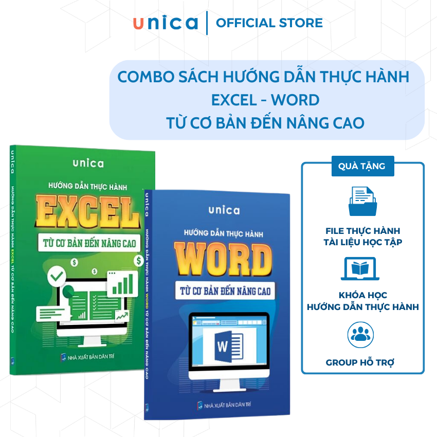 Combo 2 sách Word - Excel Tin học văn phòng Unica, Hướng dẫn thực hành từ cơ bản đến nâng cao, in màu chi tiết, TẶNG video bài giảng