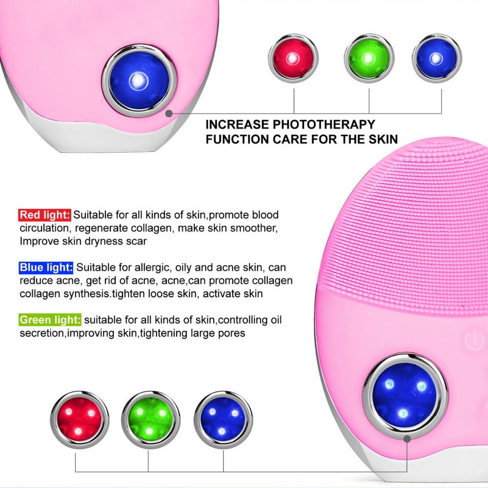 Siêu Âm Thanh 3 Màu Đèn LED Photon Đèn Điện Mặt Ceansing Bàn Chải Mini Không Dây Silicon Mặt Máy Giặt Máy Mát Xa