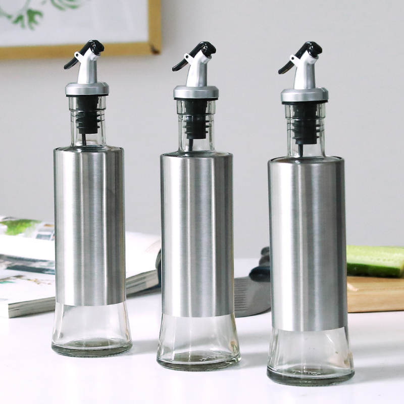 Chai rót dầu ăn, nước tương thủy tinh bọc Inox 304 cao cấp 300ml bằng thủy tinh chai hũ lọ gia vị dụng cụ nhà bếp tiện ích VANDO