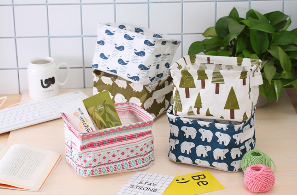 Giỏ Vải Để Đồ, Sọt Vải Họa Tiết 20.5 cm x 16cm x 13cm tặng kèm móc dán tường đa năng