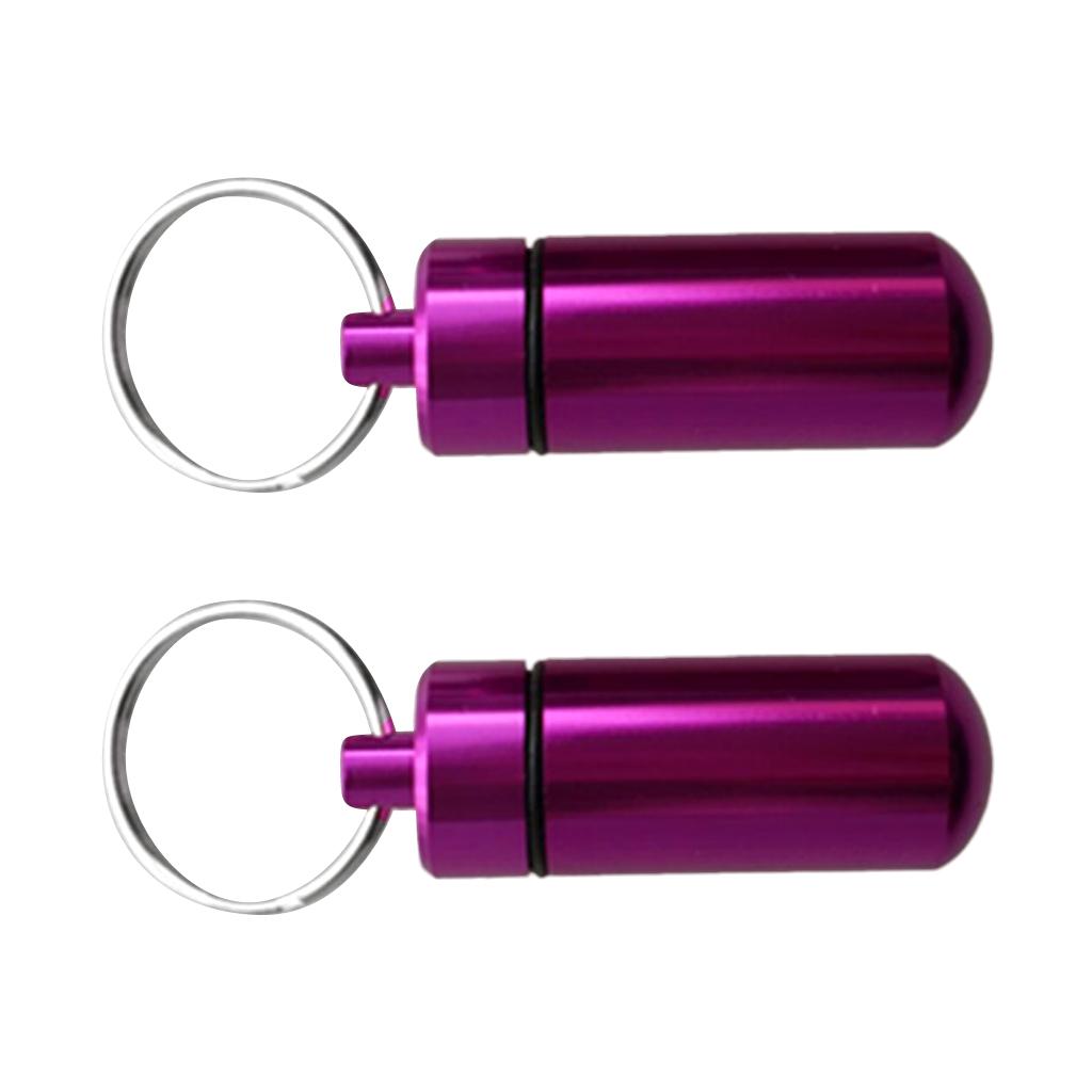 2 Pieces Waterproof Aluminium Pill Storage Box Case Keychain Keyring Purple
