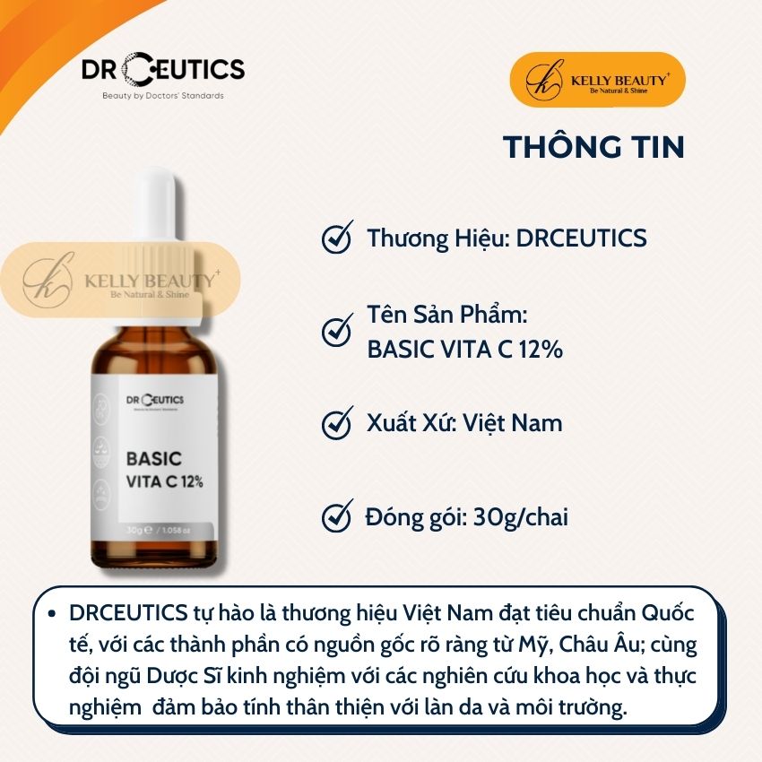 Serum Basic Vitamin C 12% DrCeutics - Giúp Da Sáng Đều Màu, Mờ Thâm Sạm; Tươi Trẻ và Căng Mịn Làn Da | Kelly Beauty