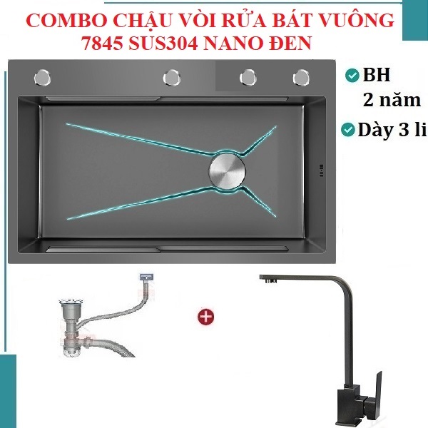 Chậu rửa bát inox304 chống xước 7845 nano đen, vòi Vuông nóng lạnh, bộ xả, khay inox, dụng cụ xịt ly cốc, bình rửa bát