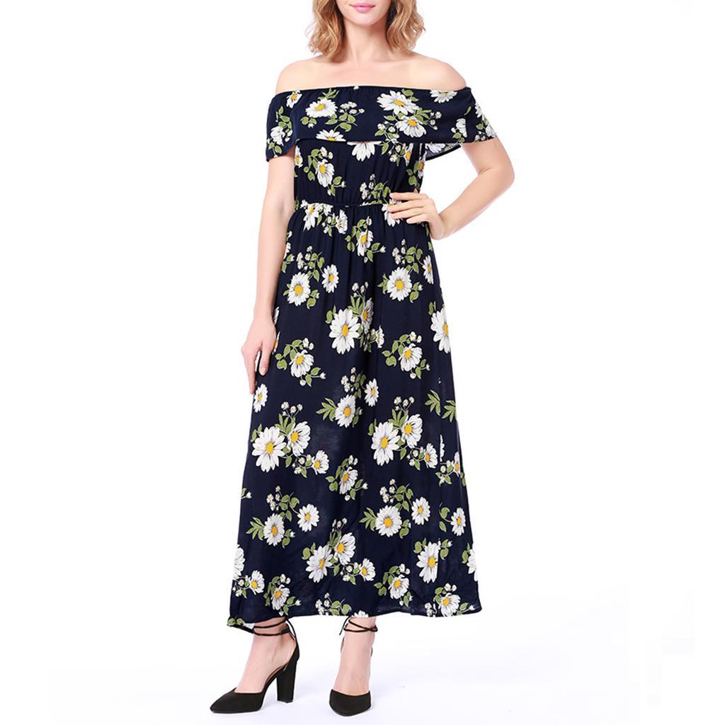 Women's Summer Off Shoulder Strapless Floral Print Maxi Long Dress