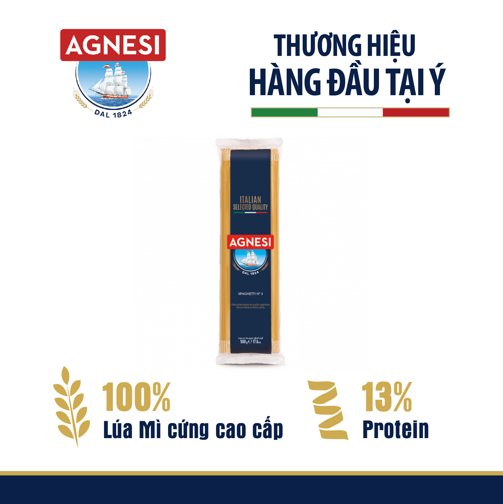 Mì ý nhập khẩu Ý cao cấp spaghetti Agnesi 500g không gãy không dính