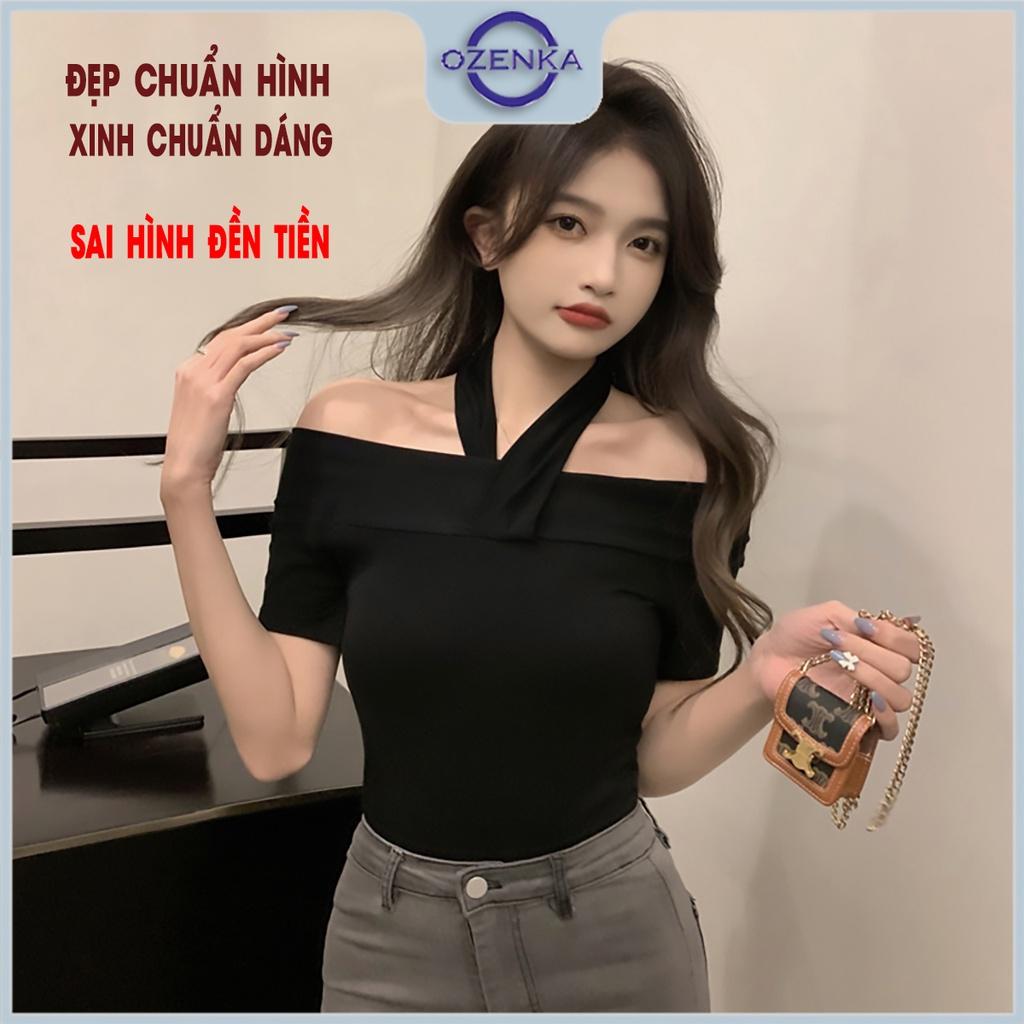 Áo croptop trễ vai tay ngắn ôm nữ Ozenka , áo crt kiểu cổ v thun cotton màu đen trắng dưới 55 cân