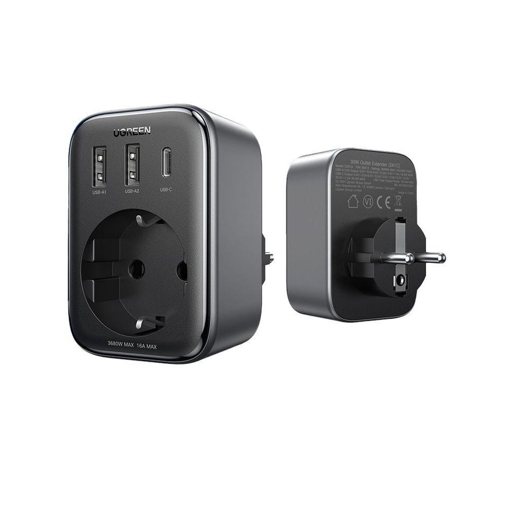 Ugreen 90613 30w 2 cổng USB A và 1 USB-C màu xám 2A1C Sạc điện thoại cắm tường EU tròn CD314 20090613 - Hàng chính hãng