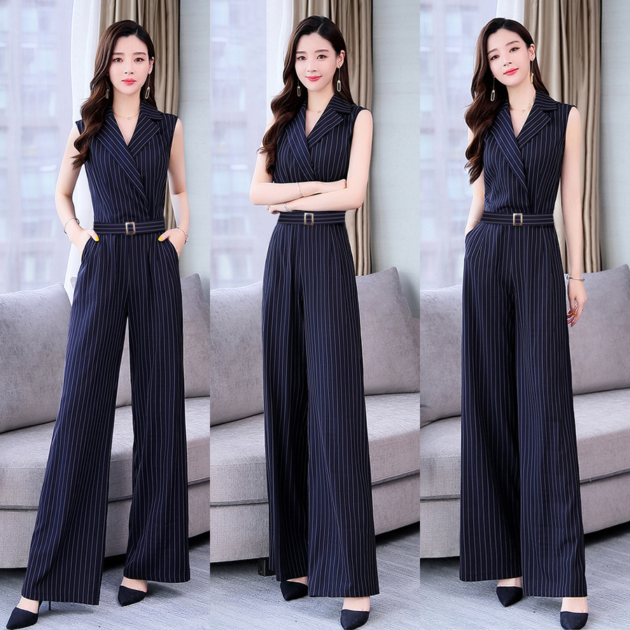 AV6462 - Jumpsuit - Đồ bay dài ống suông cổ vest kẻ sọc thắt lưng kèm belt