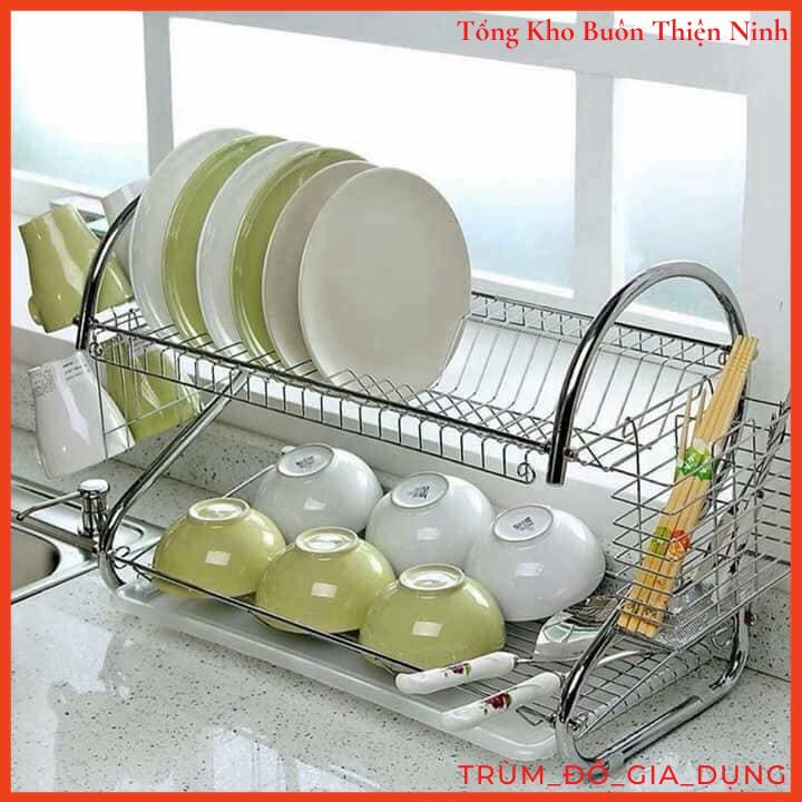 Giá úp bát đĩa 2 tầng inox có khay hứng nước