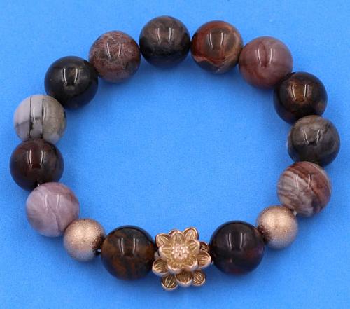 Vòng tay Gỗ Hóa Thạch size 12 ly charm Hoa Sen vàng hồng VGHTHSHBH12 - hợp tất cả các mệnh