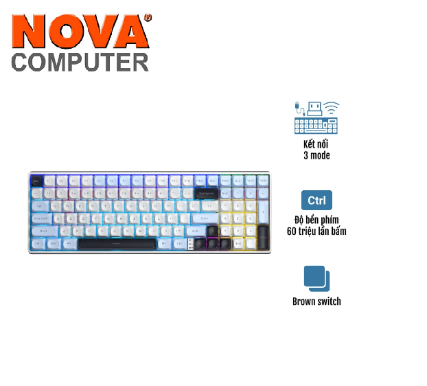 Bàn phím cơ Gaming không dây AULA S100 PRO 3 MODE (Phiên bản Xanh dương+trắng+tím / Brown switch) - Hàng Chính Hãng