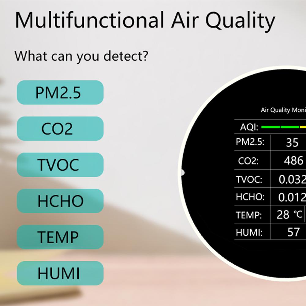 Multifunctional Air Quality Detector 7 In 1 PM2.5 TVOC CO2 HCHO Temperature Humidity AQI Detector Home Desk Office Car Indoor Air Quality Monitor