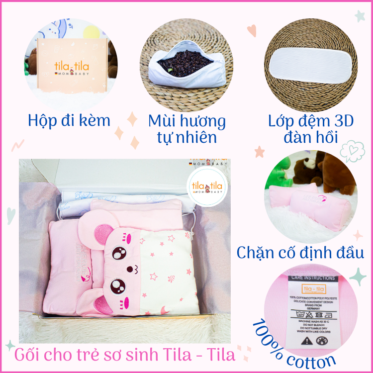 Gối Cho Bé Sơ Sinh Cao Cấp Tila-Tila Mã TG01 Ruột Gối Làm Từ Thảo Mộc Tự Nhiên, Chất Liệu 100% Cotton Luôn Thoáng Mát Cho Trẻ, Chống Méo Đầu Bẹp Đầu - Hàng Chính Hãng