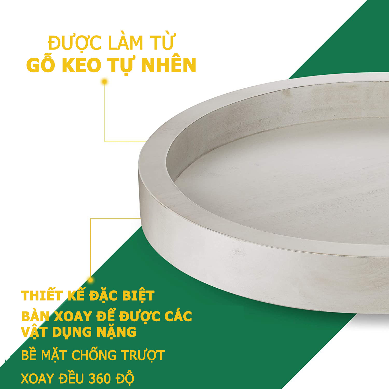 Khay gỗ xoay 360 độ đường kính 33cm, decor trang trí thức ăn, đựng đồ dùng nhà bếp - Màu nâu gỗ và trắng