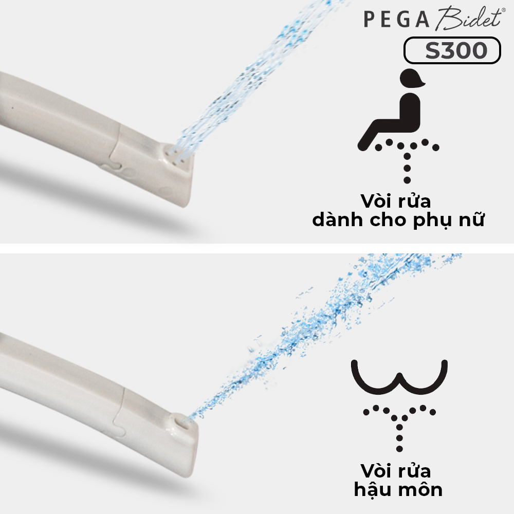 Nắp bồn cầu thông minh PEGA Bidet S300, 2 vòi phun, có vòi vệ sinh dành riêng cho phụ nữ, không dùng điện, hoạt động bằng áp lực nước - Thương Hiệu Mỹ